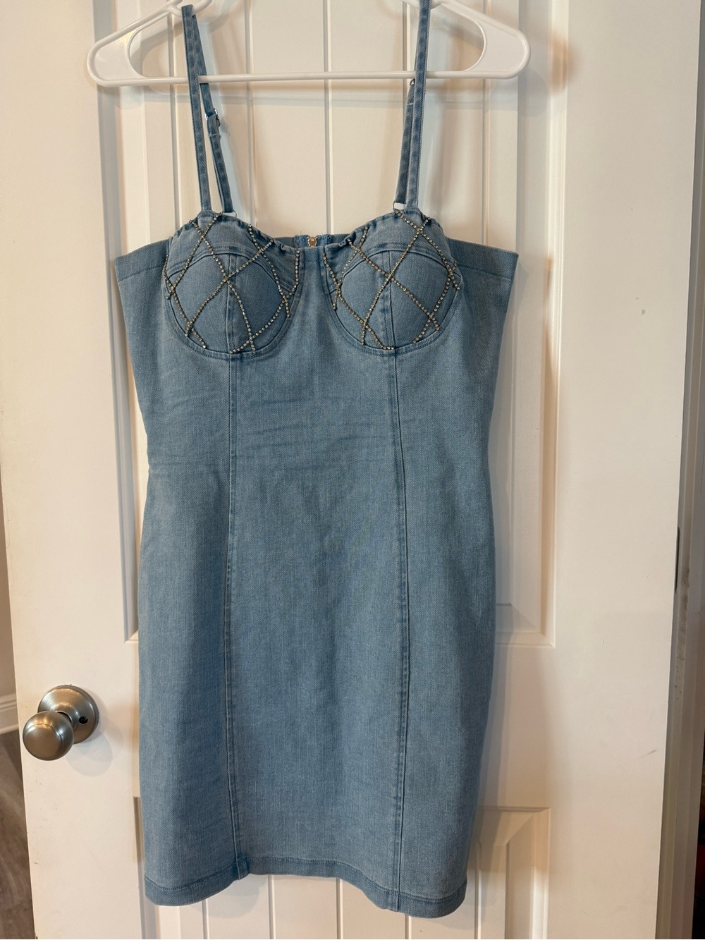L Haute Monde Light Blue Denim Bustier Mini Dress